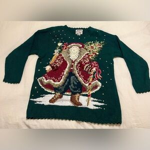 Ugly Christmas Santa Claus Sweater with Beads and Sequins Size L